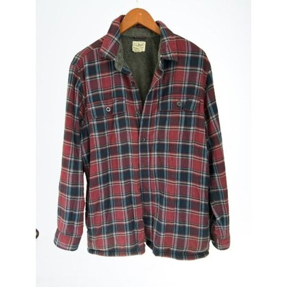 Vintage L. L. Bean Shirt Fleece Lining Fronts Pocket Workware Red Gray Tartan - Picture 1 of 6